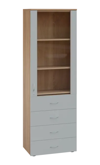 LE - 64 skříň léková prosklená, pravá, korpus dub bardolino, dvířka šedá